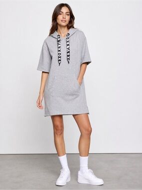 DKNY Sport Hoodie Dress Gray Logo Drawstring Sweatshirt Dress Small